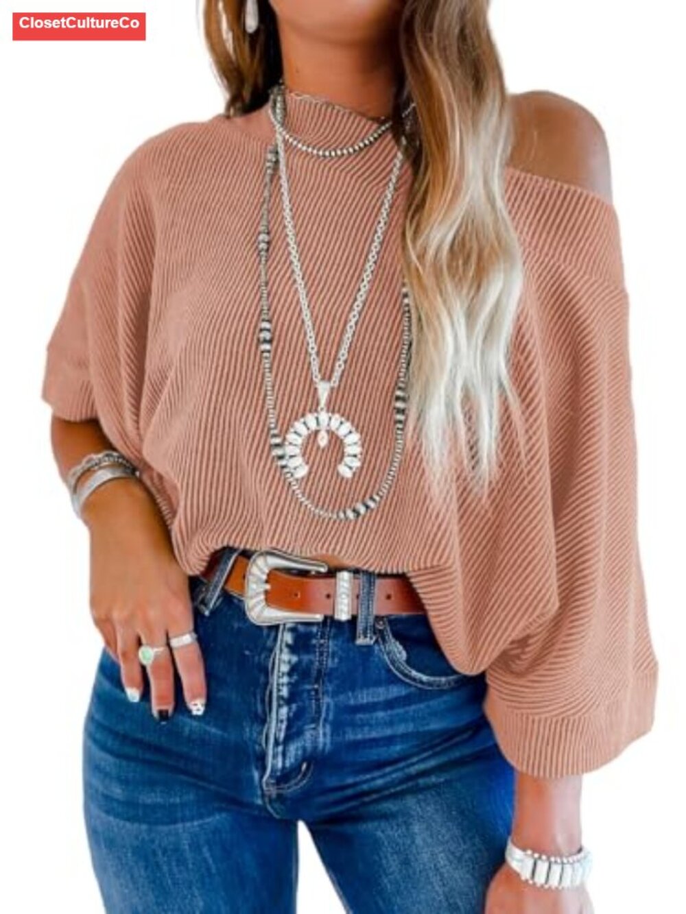 Womens Off Shoulder Top 3/4 Sleeve Batwing Knit Pullover Blouse